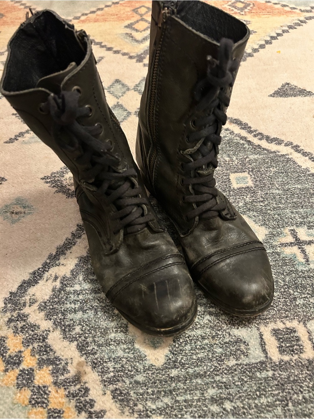 Steve Madden Black Lace-Up Combat Boots with Side Zip Accent